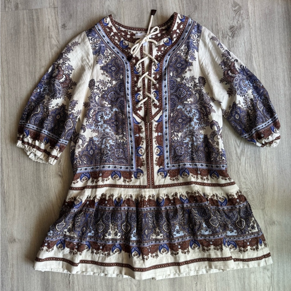 House of Harlow Linen Rayon Blend Boho Paisley Print European Summer Dress Large - Picture 2 of 10